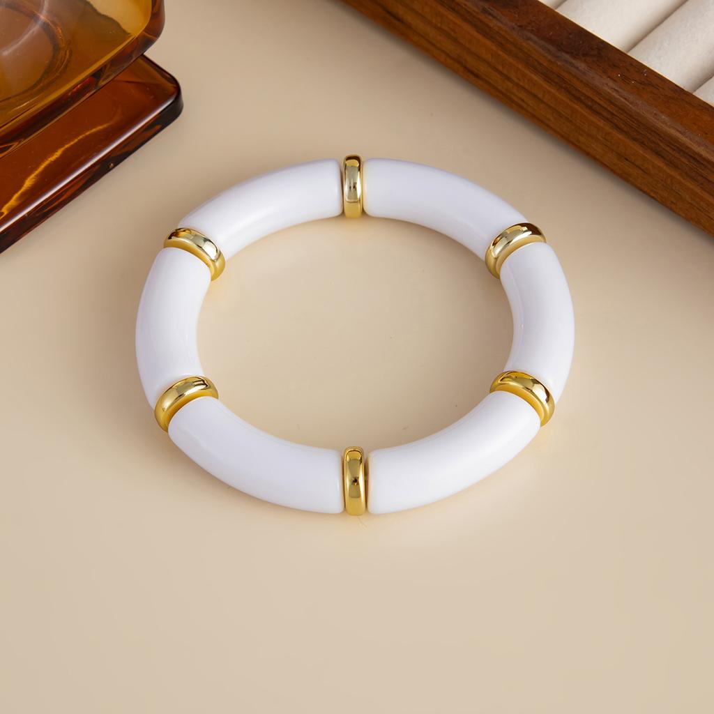 KunJoe 10 Colors Vintage Stackable Leopard Resin Acrylic Bracelets for Women Bohemian Round Tube Beaded Elastic Bangle Bracelet