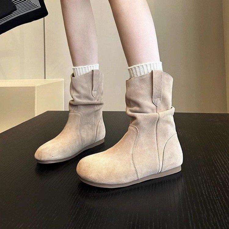 European and American style short boots, new autumn matte pleated retro gentle ins style street shot stacking boots