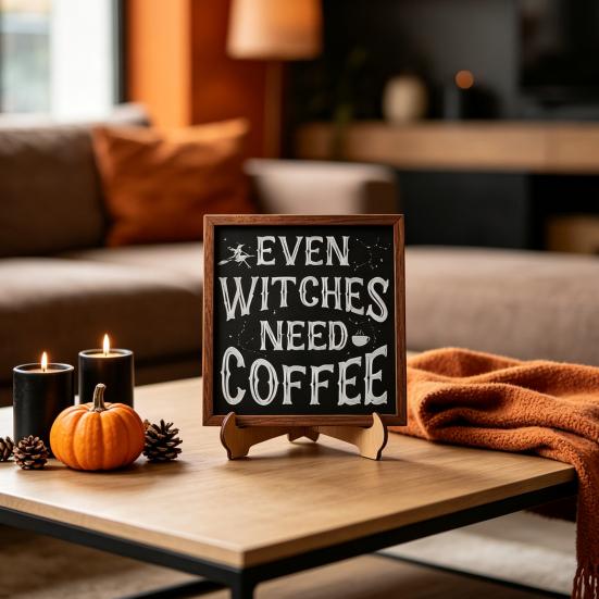 Holiday Atmosphere Home Decor Halloween Wooden Coffee Photo Frame, Retro Distressed Sign for Decorative Holder Countertop Decor, Rustic Autumn
