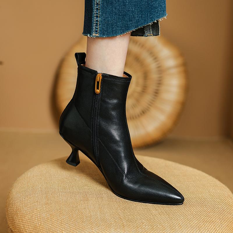 Fashion 2024 Autumn Winter Women Boot Genuine Leather Short Boots for Women Fashion Pointed Toe Med Heels Ladies Shoes Modern Boots