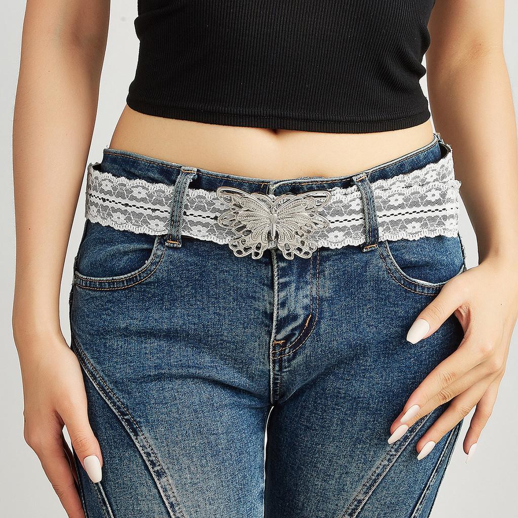 Silver Butterfly Fashionable Buckle Decor Women Casual White Lace Belt Waist