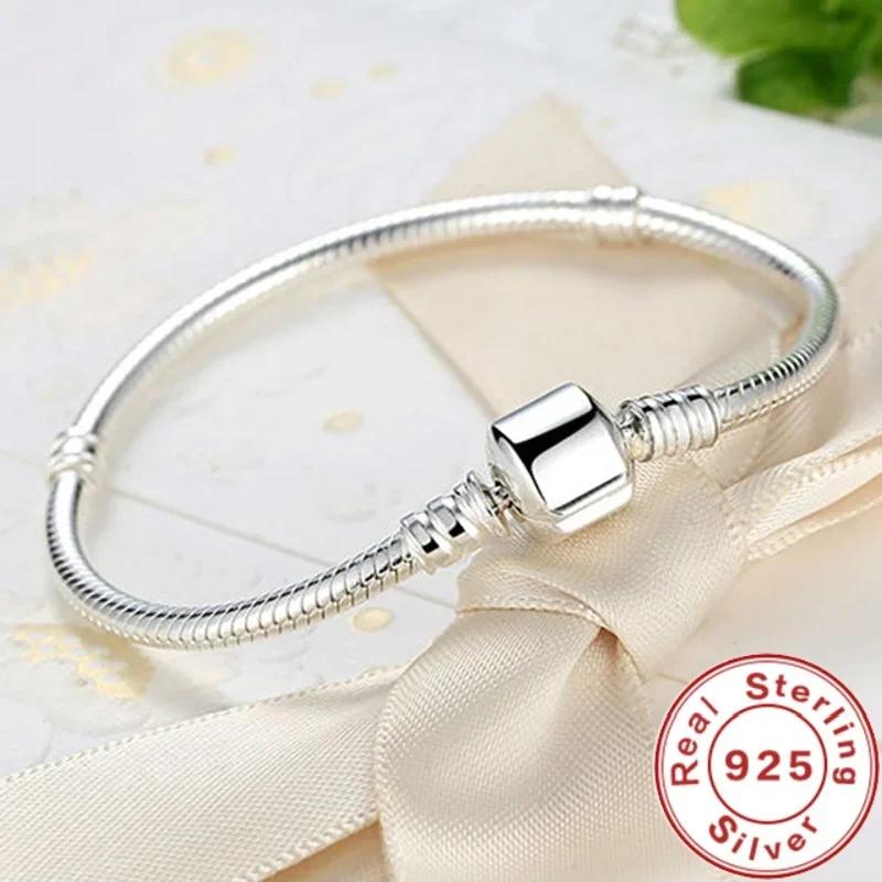 925 Silver Snake Chain DIY Charm Bracelet for Women Stylish Jewelry Gift with Adjustable Length 23cm