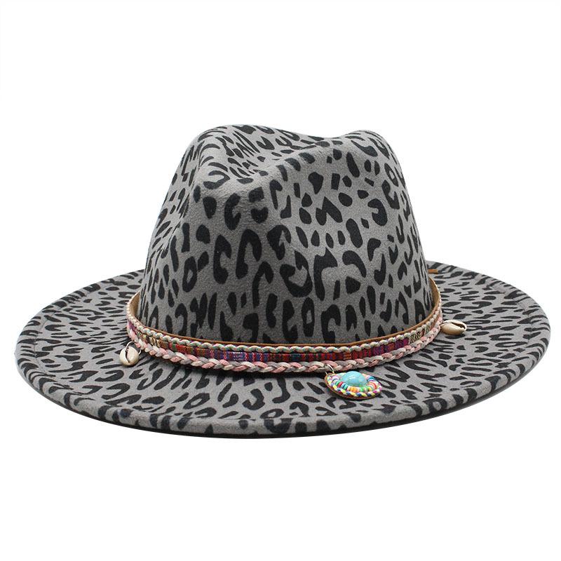 

Ethnic Leopard Print Woolen Top Hat Sapphire Fringed Jazz Hat M（56-59cm） темно-сірий