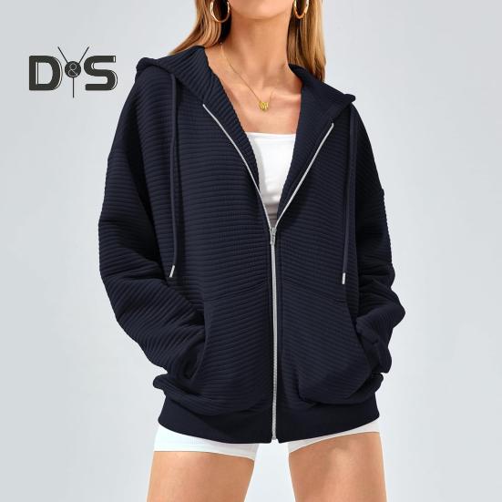 Herbst Winter Damen Kapuzenpullover Mantel Kordelzug Kapuze Reißverschluss Lange Ärmel Einfarbig Taschen Verdickte Sportjacke Locker Alltagskleidung Schulmantel