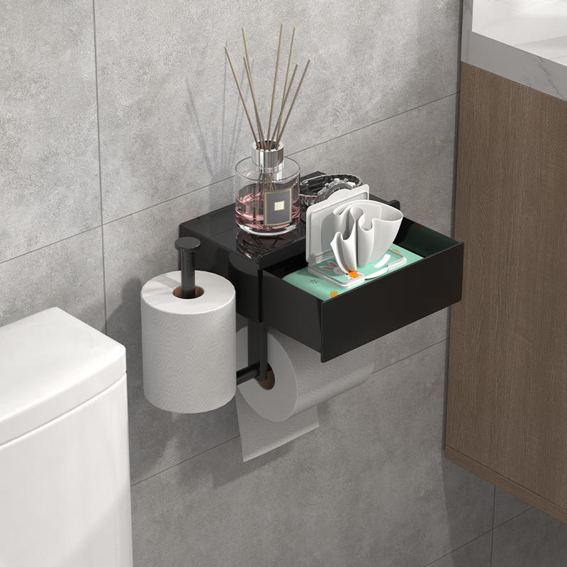 Black wall mounted toilet paper holder with shelf no drilling required drawer style tissue box essential bathroom organizer