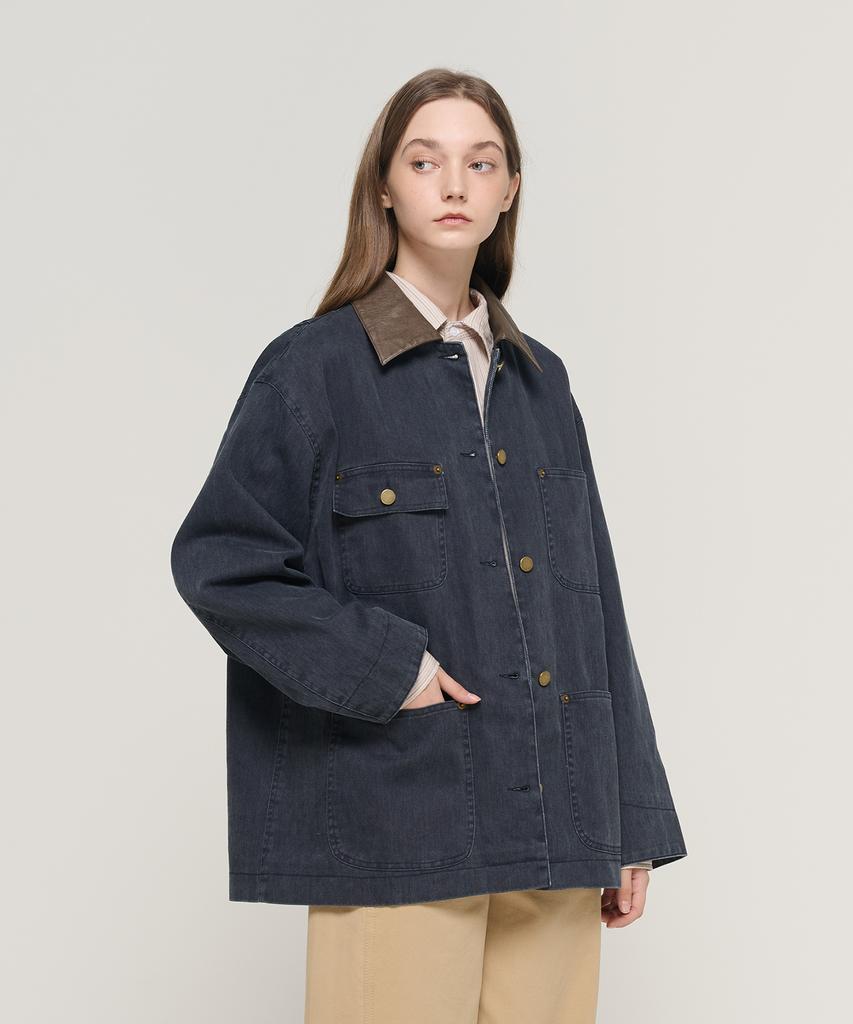 Cargobros For Woman Contrast Collar Pocket Work Denim Jacket (Dark Blue)