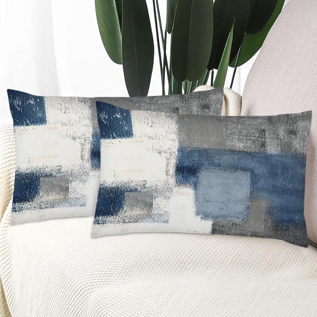 2PC Lumbar Decor Throw Pillow Covers Blue and Grey Cushions Rectangle Design Abstract Art Painting Style Modern Contemporary Home Decorative Cushion