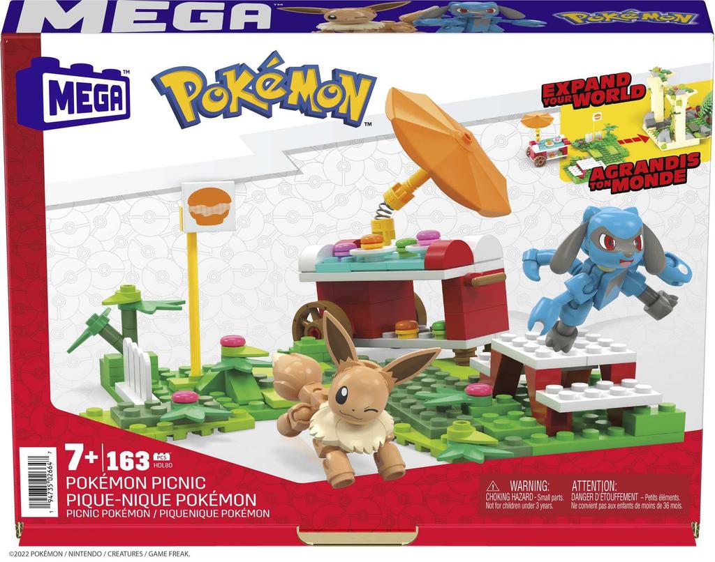 MEGA Pokémon Abenteuerwelt Hügel-Picknick mit Evoli und Riolu - Sonnenschirm und Tischset - [163-teiliges Baustein-Set] [Ab 7 Jahren] HDL80