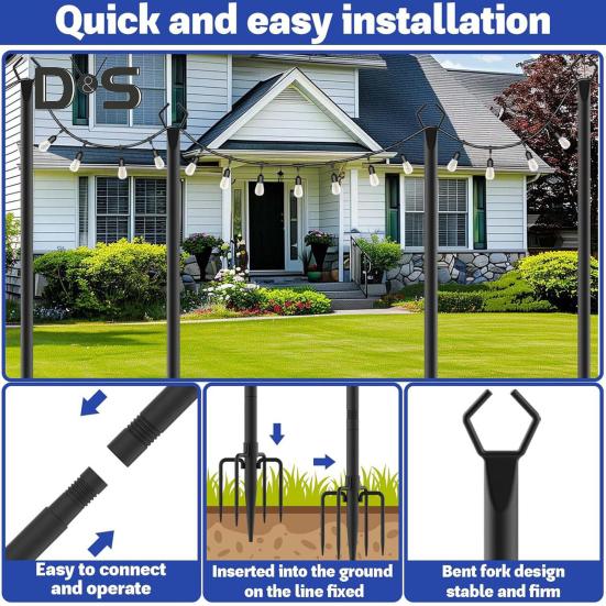 Lichterkettenstange 10 Fuß beschichtete Metallstange mit Gabel Außenlichterstange mit Spießen Lichterkettenhalter für Terrasse Deck Garten Hochzeitsfeier Dekoration