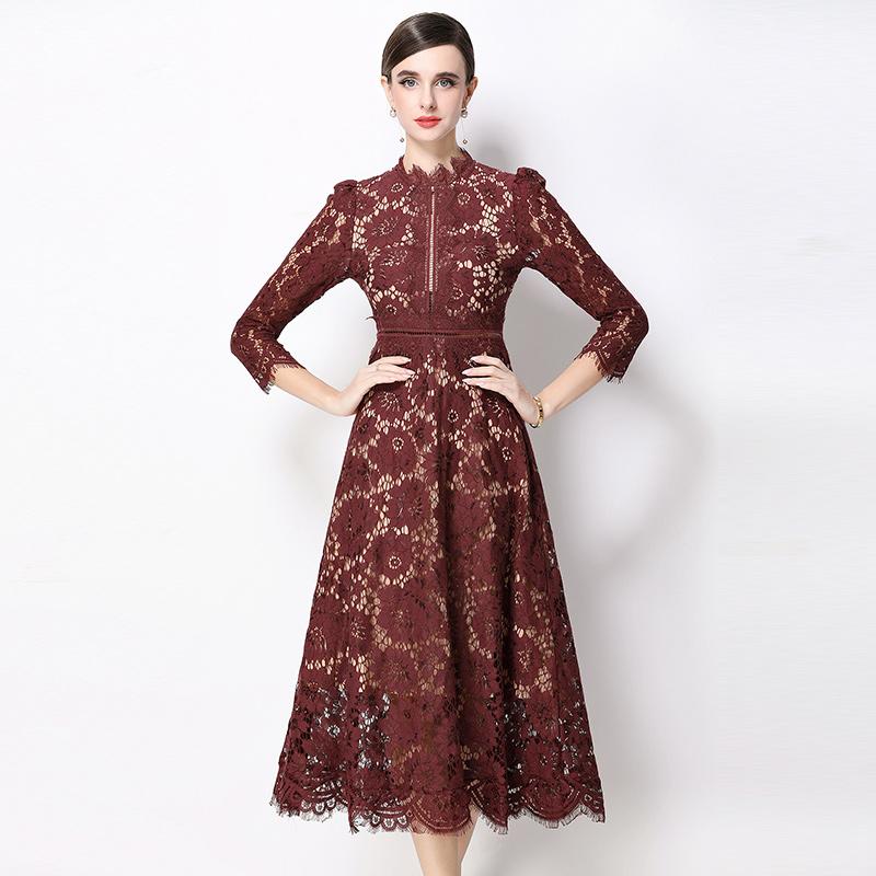 Vestidos Midi de Festa Femininos Vintage de Manga Comprida Vazados em Renda para Primavera Outono