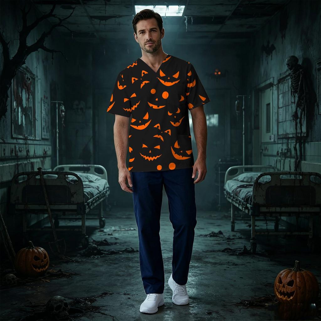 Men's Short Sleeve V-Neck Scrub Top with Chest Pocket Halloween Print