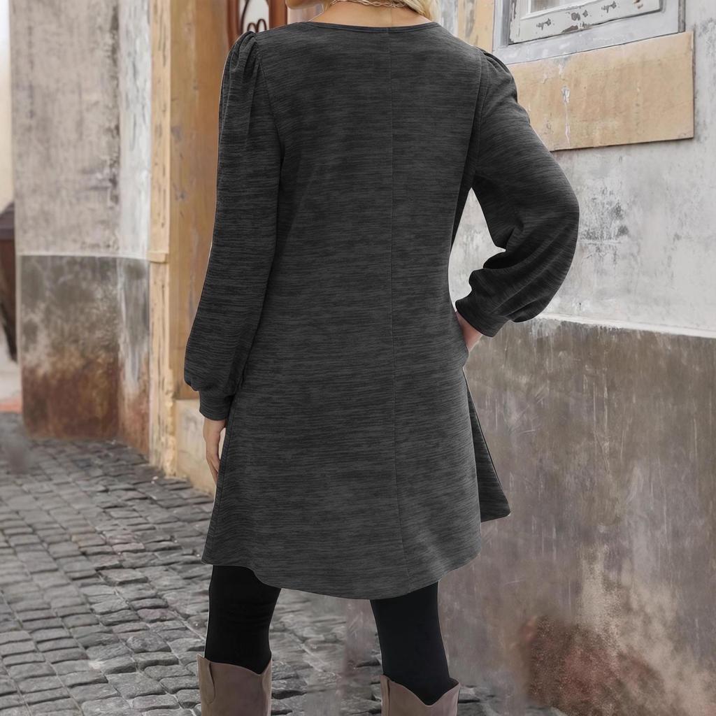 2025 Women's Solid Color Crew Neck Long Sleeve Dress with Pockets and Buttons