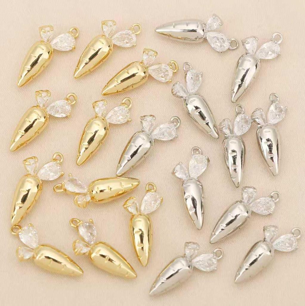 Liangfei 18k Gold Plated Carrot Pendant with Diamonds - Cute Cartoon Charm DIY Jewelry Accessory