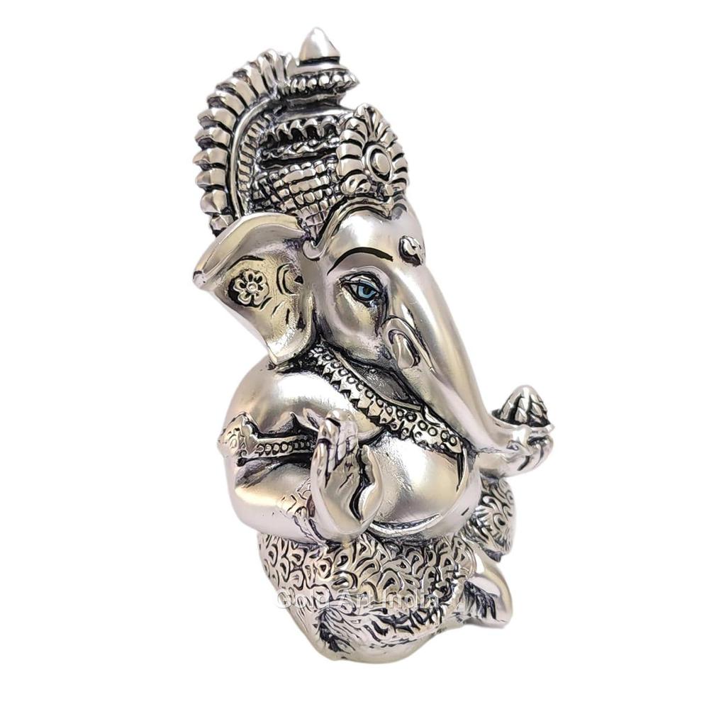 Matte Silver Plated Antique Mukut Ganesha - 3.5" - Perfect for Gifting, Home Decor, Car Dashboard Murti Ganpati Idol for Home Decor