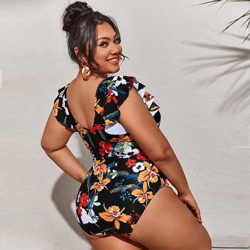 Bikini Ruffles One Piece Swimsuit Women Sexy Deep V-Neck Floral Print Bikini Swimwear Beachwear Tankini