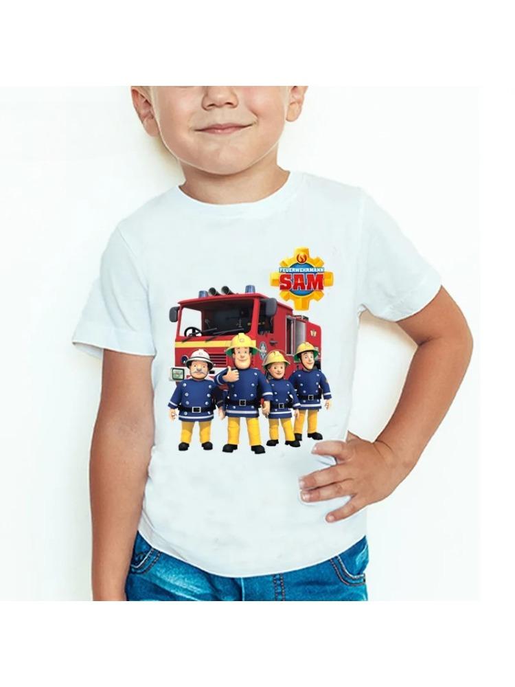 Enfants dessin animé pompier Sam imprimé été Casual confortable coton col rond t shirt à manches courtes