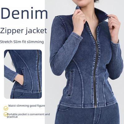Chaqueta de yoga vaquera de cuello alto y corte entallado para mujer con cremallera y bolsillos dobles - Top deportivo primavera/verano