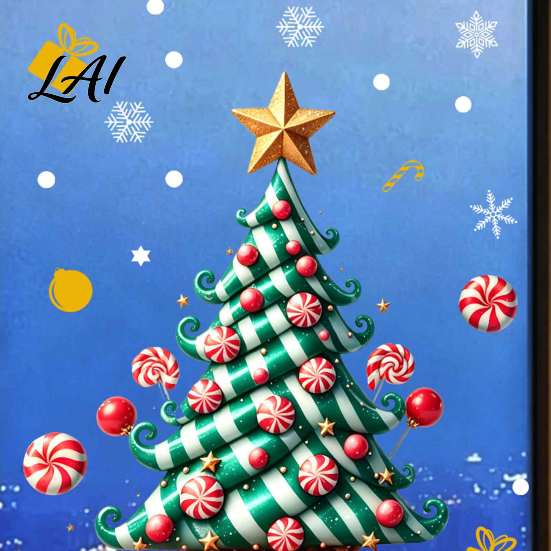 Weatherproof Balcony Stickers Christmas Tree Window Decals Candy Striped Snowflake Wall Stickers Waterproof Festive Home Decor PVC Removable