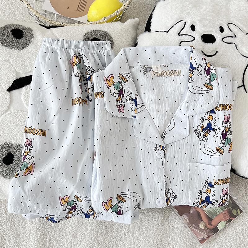 Women s Cartoon Pajama Set: Cloud Cotton Short Sleeve Top & Shorts for Spring/Summer M-L
