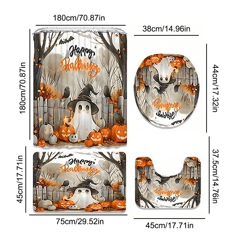 Cute Cartoon Ghost Shower Curtain Set Halloween Shower Curtain Washable Bathtub Curtain Polyester Fabric Spooky Bathroom Curtain