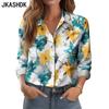Damenmode, lässig, Frühling, Herbst, Blumenmuster, Druck, langärmelig, Polo-Ausschnitt, Blusen und Hemden