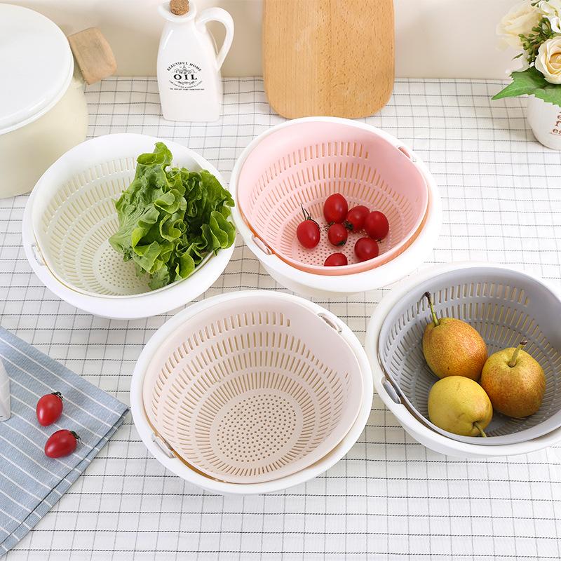 1pc Silicone Double-Layer Drain Basket Rotating Drainer Vegetable Fruit Washing Filter Tool for Kitchen