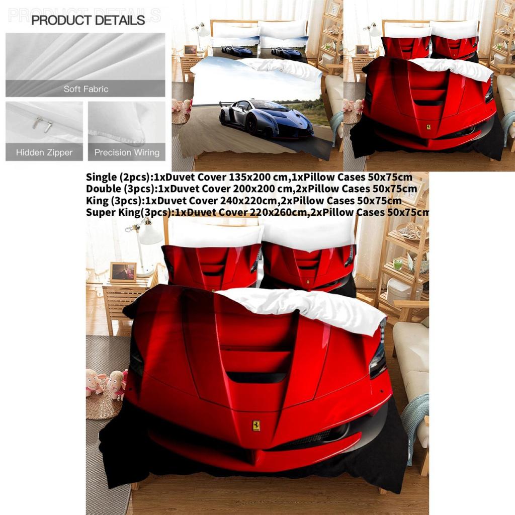 Set Biancheria da Letto con Stampa di Auto Sportive in Tessuto Tintura Attiva per Decorazione Camera da Letto dei Bambini