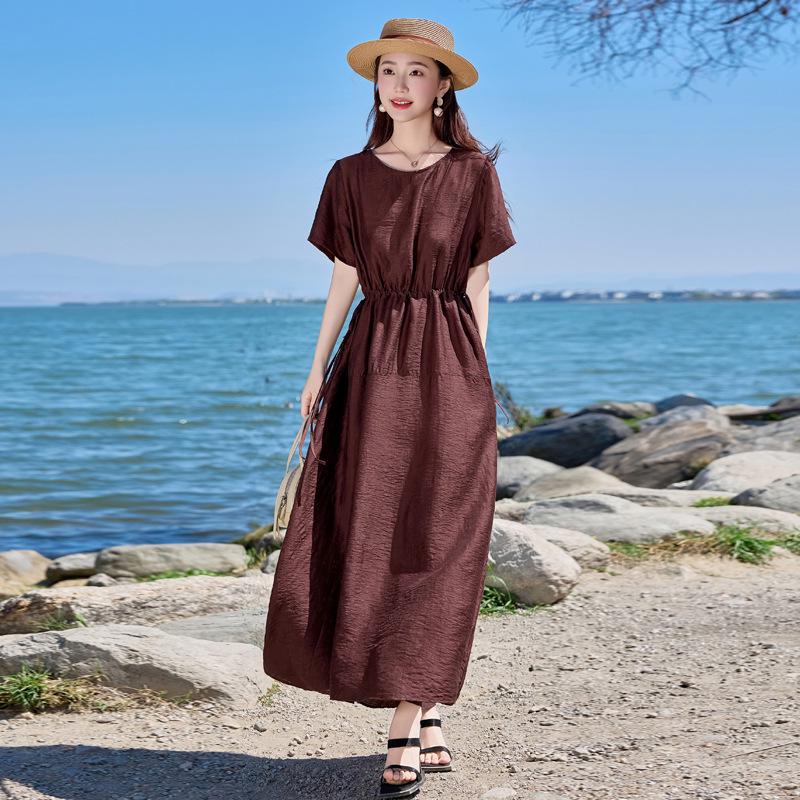 

2025 Summer Loose Women s Round Neck Short Sleeve Slimming Long Dress XXL (145-160 jins)