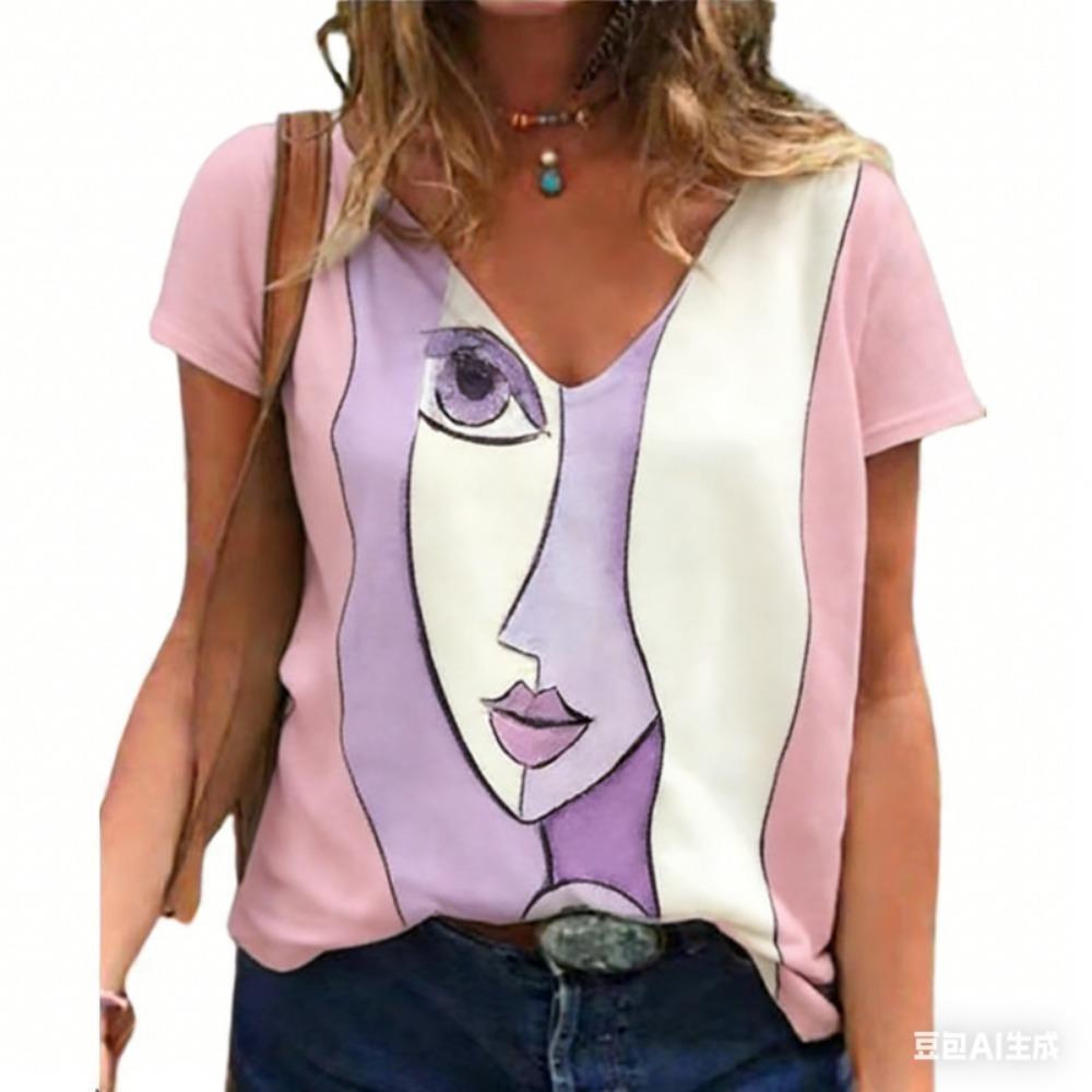 Women's V Neck T-shirt Summer Casual Plus Size Print Tops Loose Vintage Female Tee Streetwear Short Sleeve Clothes