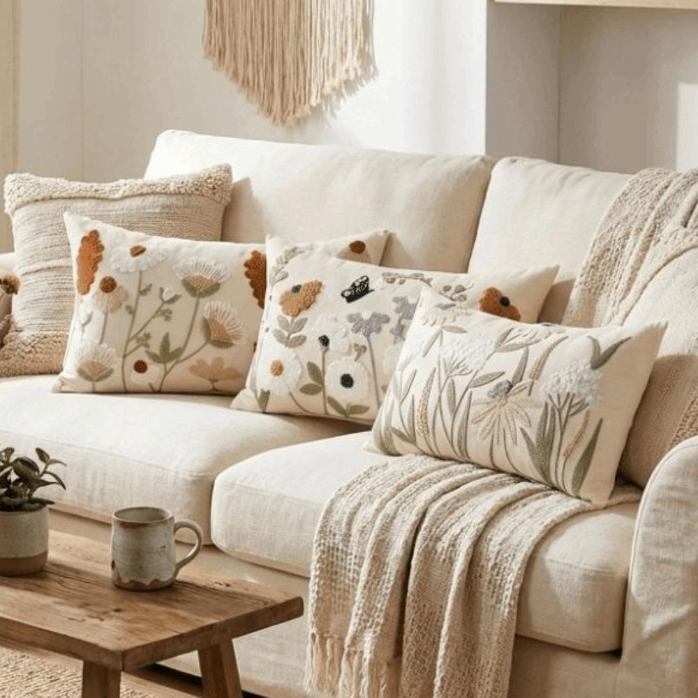 Pastoral Floral Tufted Throw Pillow Cover Canvas Throw Pillowcase  Home Decor