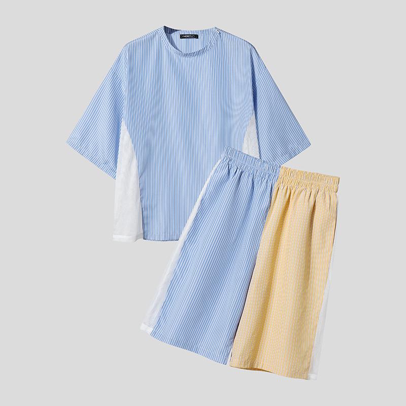 

INCERUN Two Pieces Summer Men O Neck Striped Hollow Patchwork Short Sleeve Tops and Shorts Sets S синий