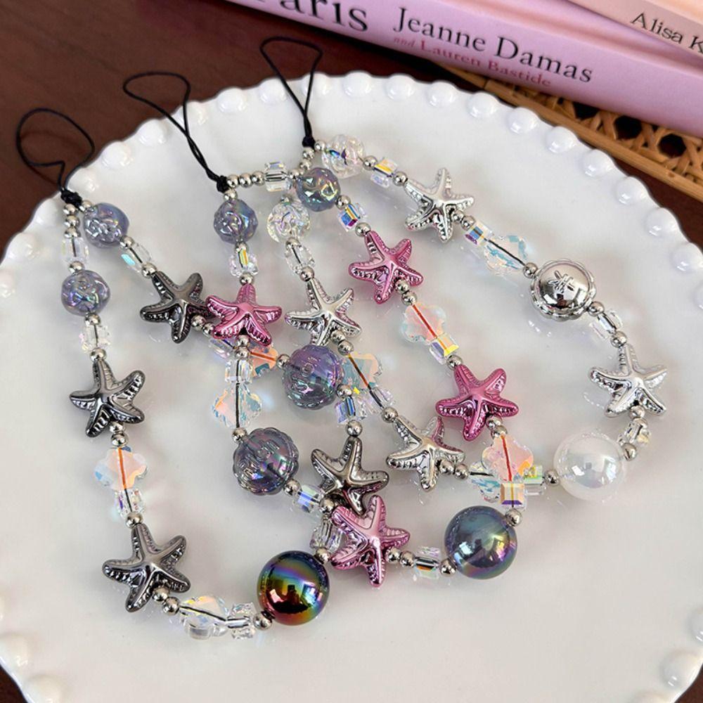 Anti-lost Starfish Phone Case Lanyard Short Colorful Ball Beaded Phone Strap Female Lady Girl