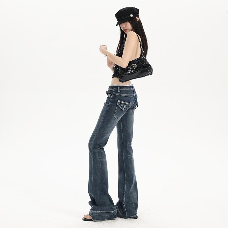 Women's Low-Waist Ripped Micro-Flare Jeans - Slimming Fit, Floor-Length, Autumn Style