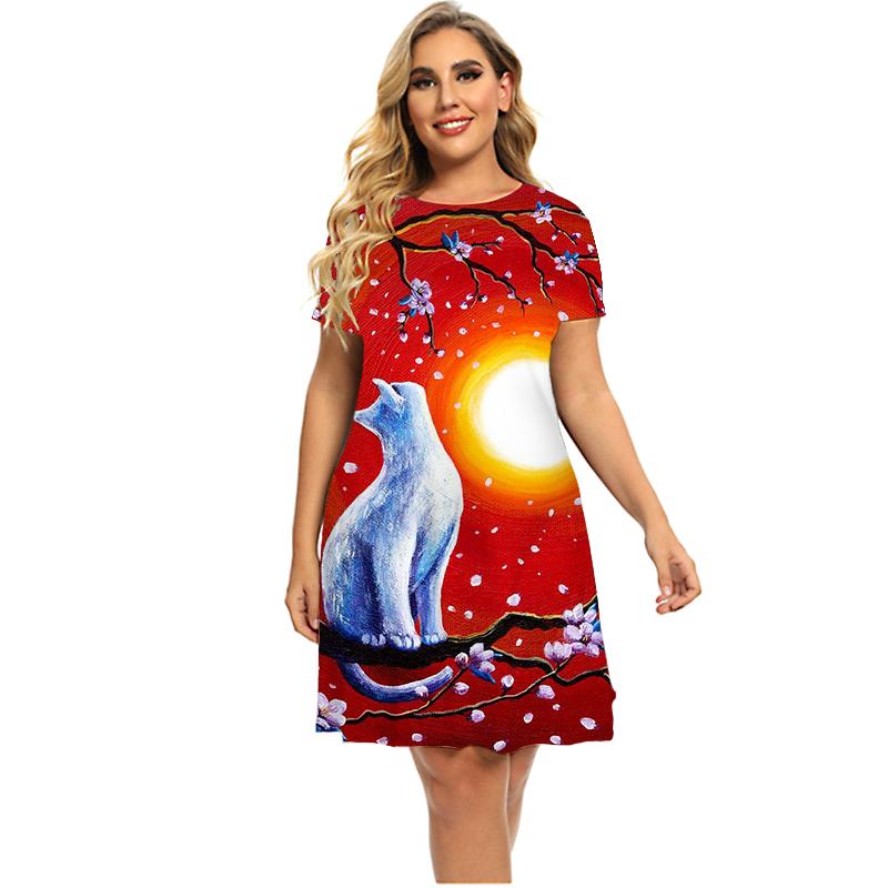 Kleid mit tiefem Wald-Tier-Katzen-Muster für Damen, für den Sommer 2022, kurzärmelig, modisch, Kawaii, A-Linie, Kleid, übergroße Kleidung