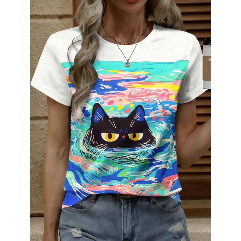 Fashion Women's Crew Neck Short Sleeve 3D Casual Color Printing Casual Short Sleeve Crew Neck T-Shirt