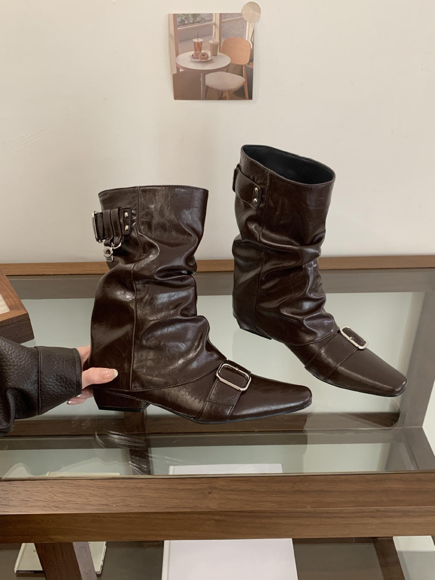 Niche Design Retro Brown Belt Buckle Short Boots Women S Boots Autumn And Winter Western Pile Boots Knight Boots 35 7940₽