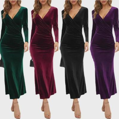 European and American V-Neck Velvet Slim Long Cocktail and Evening Fishtail Dress