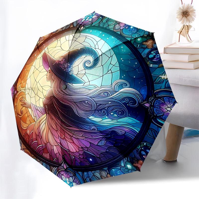 

1pc Stained Glass Witch Design Automatic Opening Folding Umbrella with 8-Bone Iron Frame - Portable Outdoor Umbrella for Festivals, Travel, Daily Use,