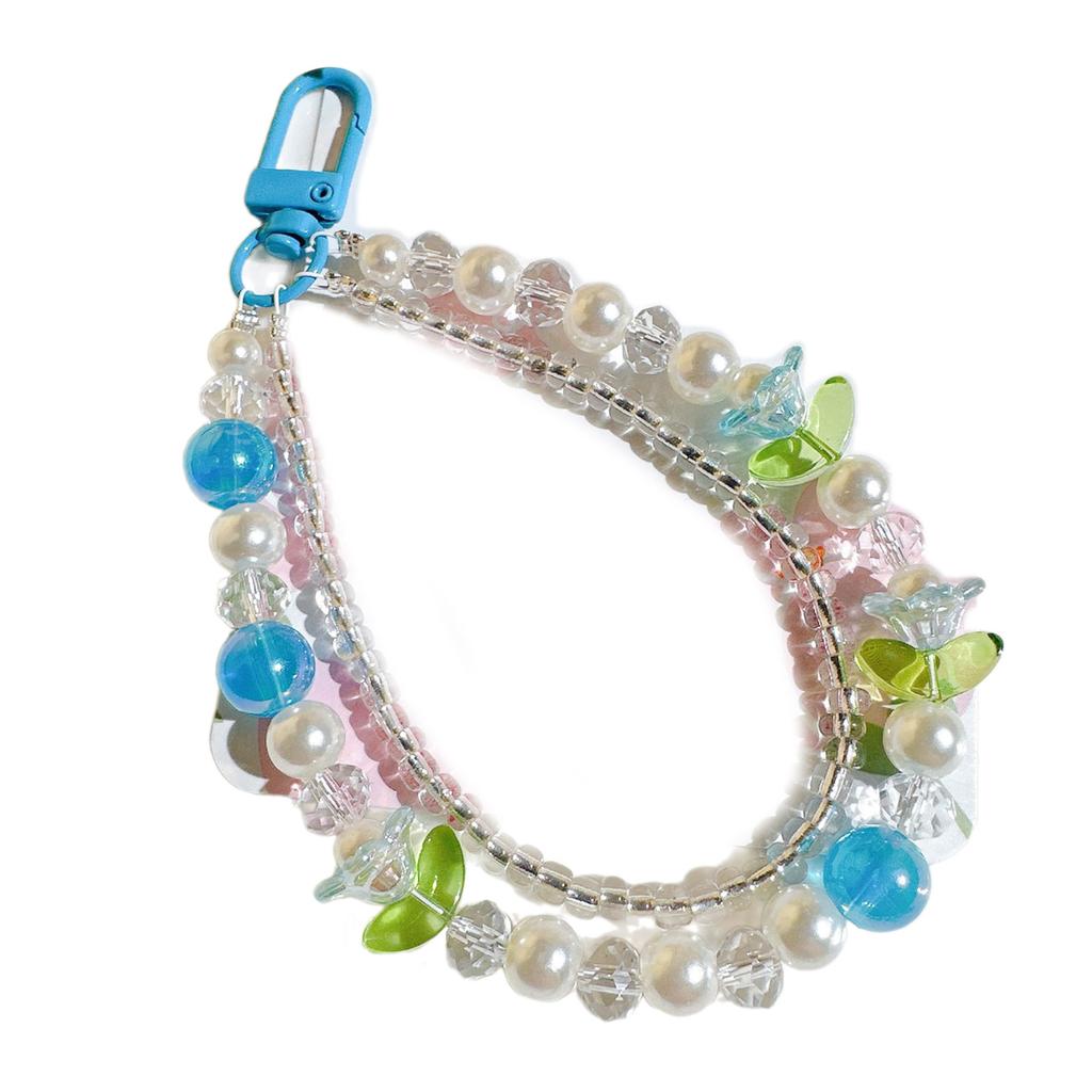 Fashion Double Layer Flower Beaded Charm Pendant Chain Phone Strap Pocket Keychain Strap Decoration for Keys Bag Purse