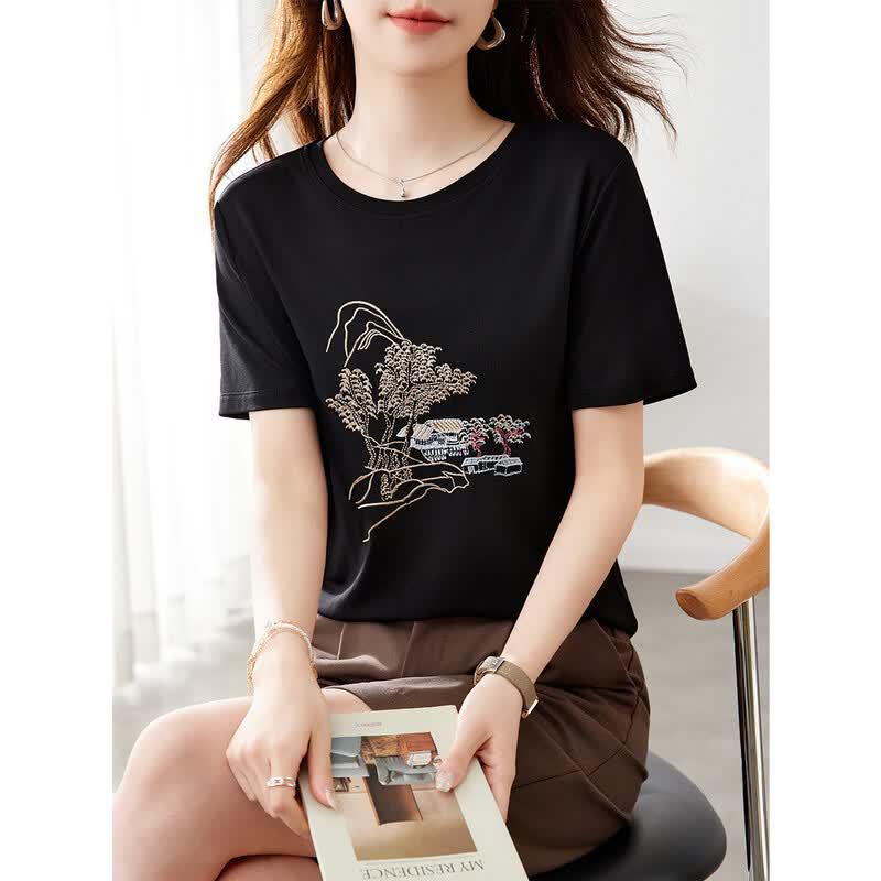 Women's 100% Mulberry Silk Embroidered T-Shirt