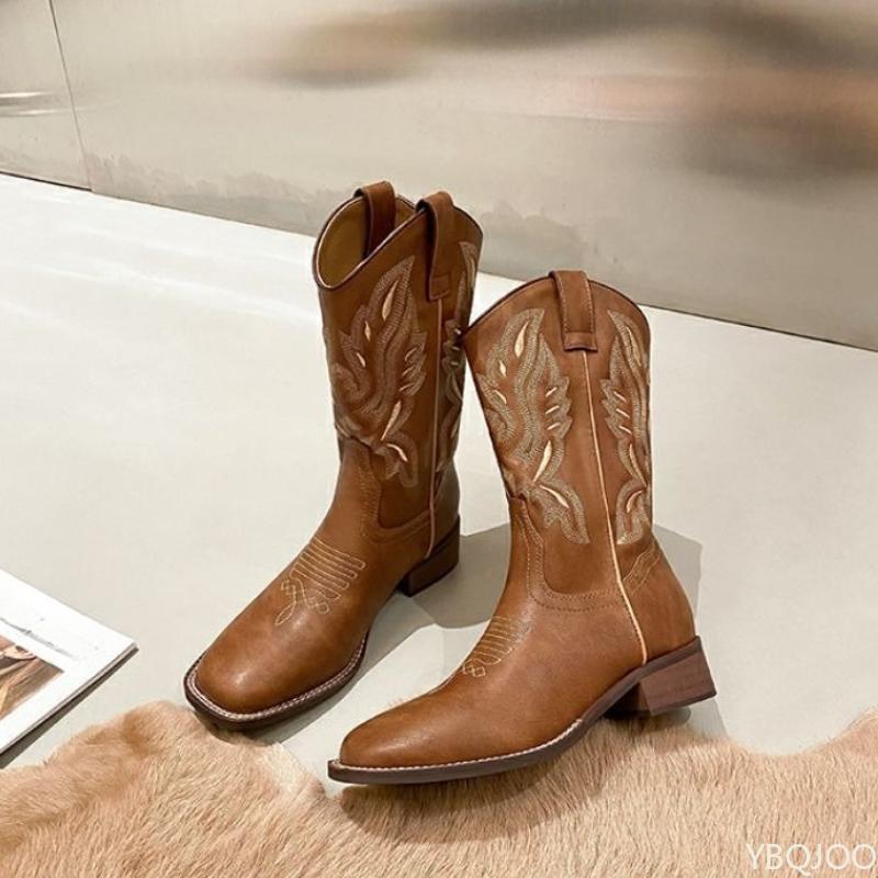 Модные универсальные ботинки на толстом каблуке, вышивка V-образного выреза, винтажная межподошва, квадратный носок, модные простые удобные женские туфли