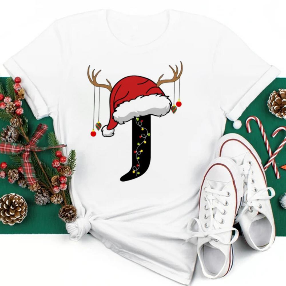 Christmas Hat A To Z Letters Tshirt Christmas Family Activity Sleeved Streetwear Harajuku Short Sleeve Casual Aesthetic Clothes