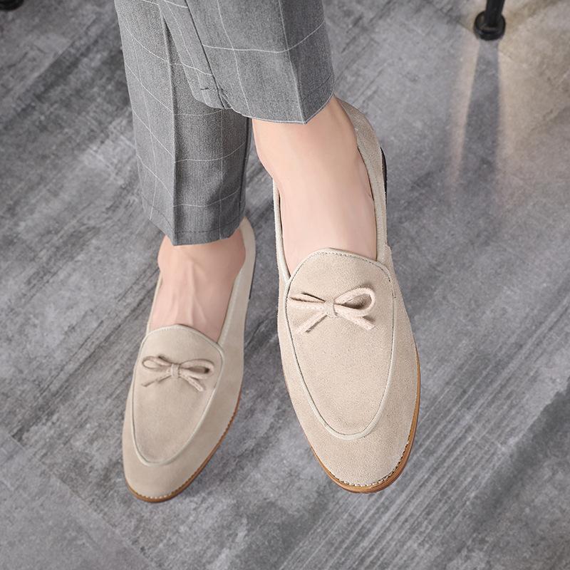 Fashion Men's Casual Shoes Nubuck Genuine Leather Men Trendy Bowknot Party Wedding Loafers Flats Mens Driving Moccasins EUR Sizes 38-48