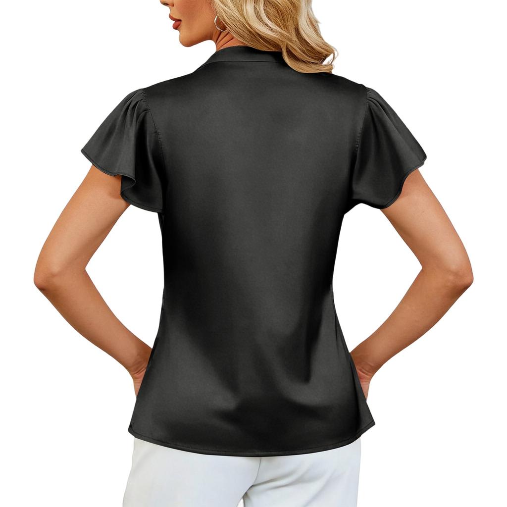 New Women's Fashion V-neck Chiffon Blouse With Pleated Loose Short Sleeves