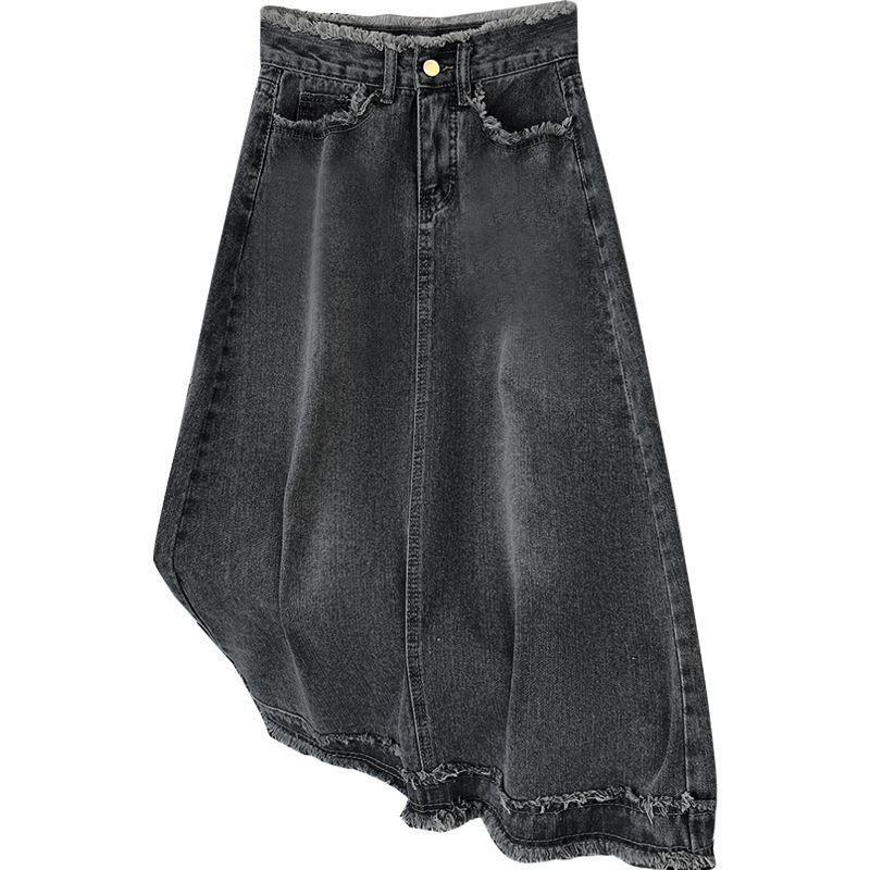 Niche High-Waisted A-Line Midi Denim Skirt - Black/Grey Straight Leg with Raw Edge Design for Women
