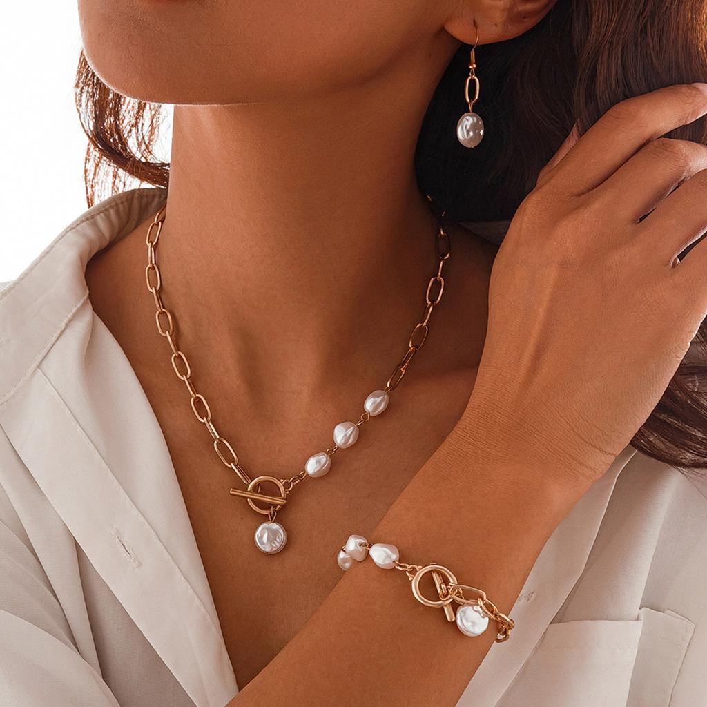 Temperament Baroque Imitation Pearl Necklace Earrings Simple Metal Chain Fringed Collarbone Necklace