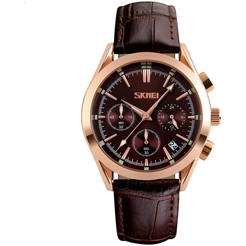 Men s Analog Chronograph Watch Brown Leather Strap Waterproof Casual Business Luminous