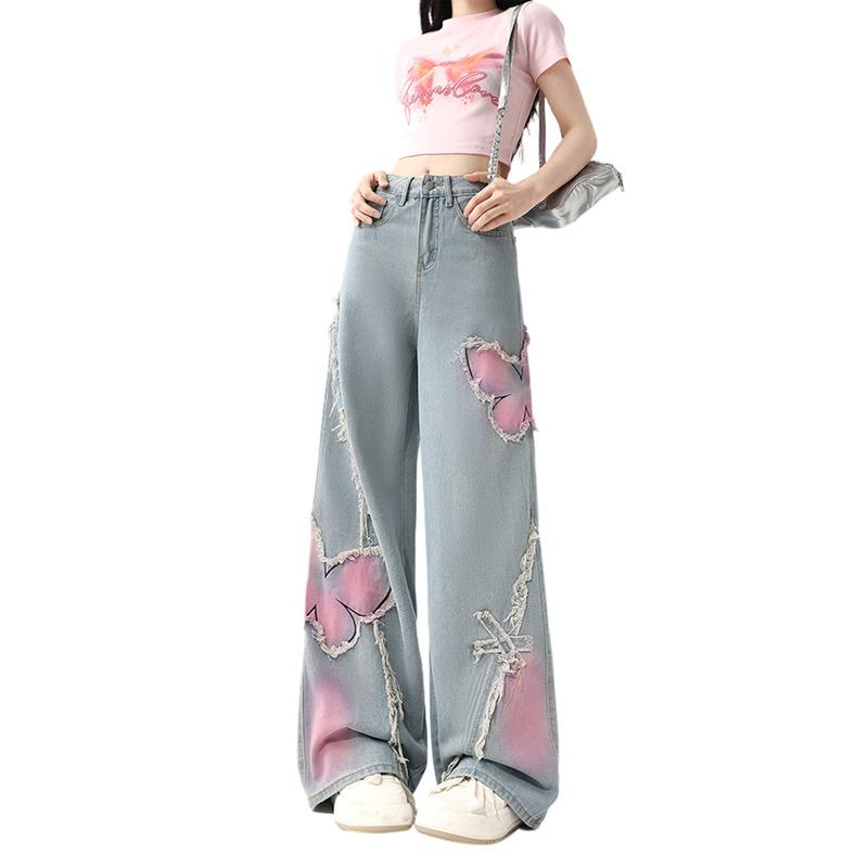 American Embroidered Butterfly Smudged Wide-leg Jeans Women's Spring and Autumn Straight-leg Pants