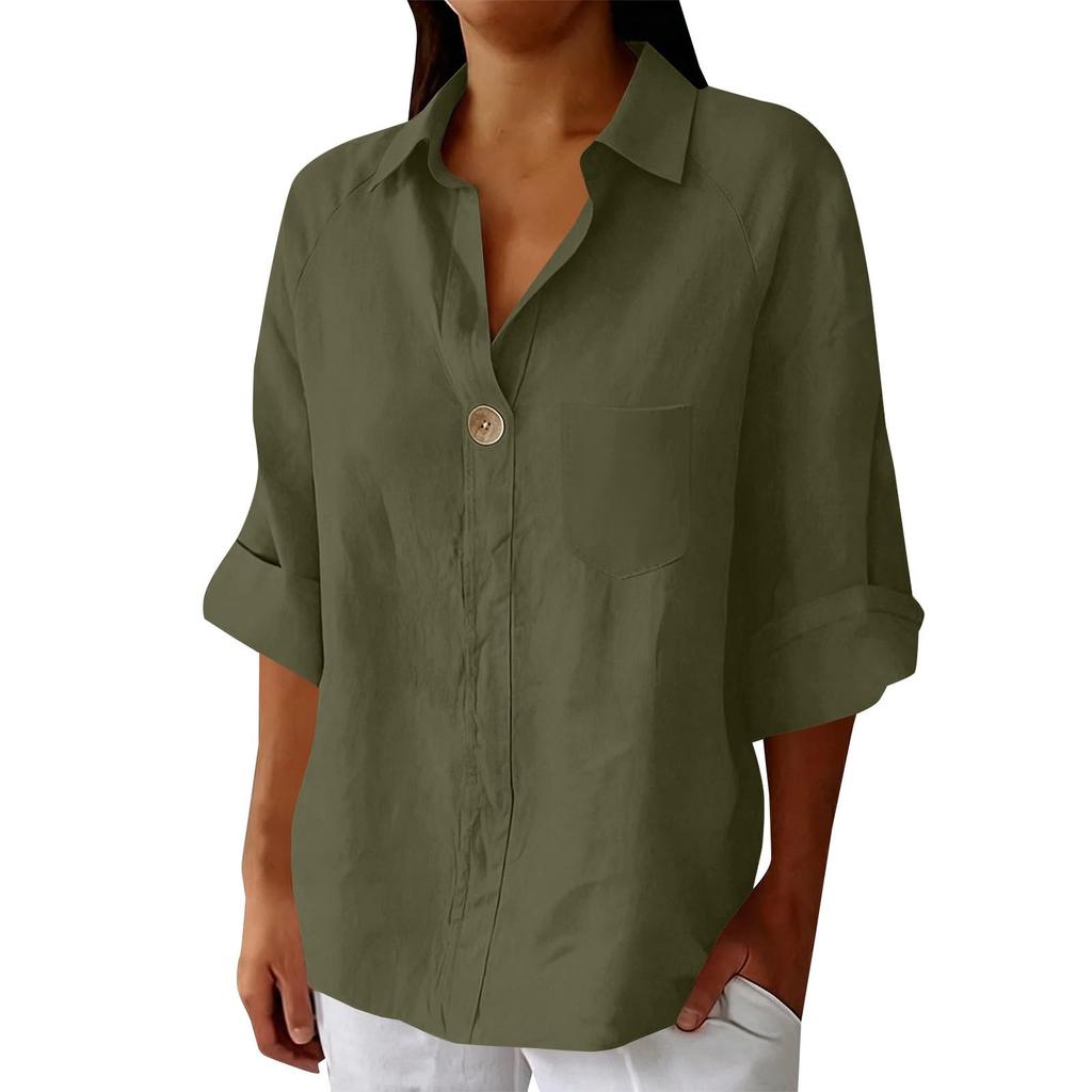 Women's Summer Casual Loose-Fit -Color Top With Collar, V-Neck, And 3/4 Sleeves