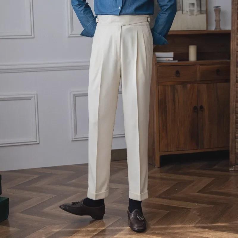 2024 Men's Naples Mid-High Waist Straight Casual Trousers - British Retro Versatile Style for Spring and Autumn
